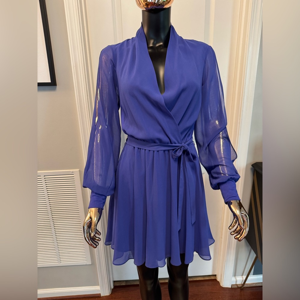 bebe Purple Chiffon Sheer Split-Sleeve Mini Dress NWT